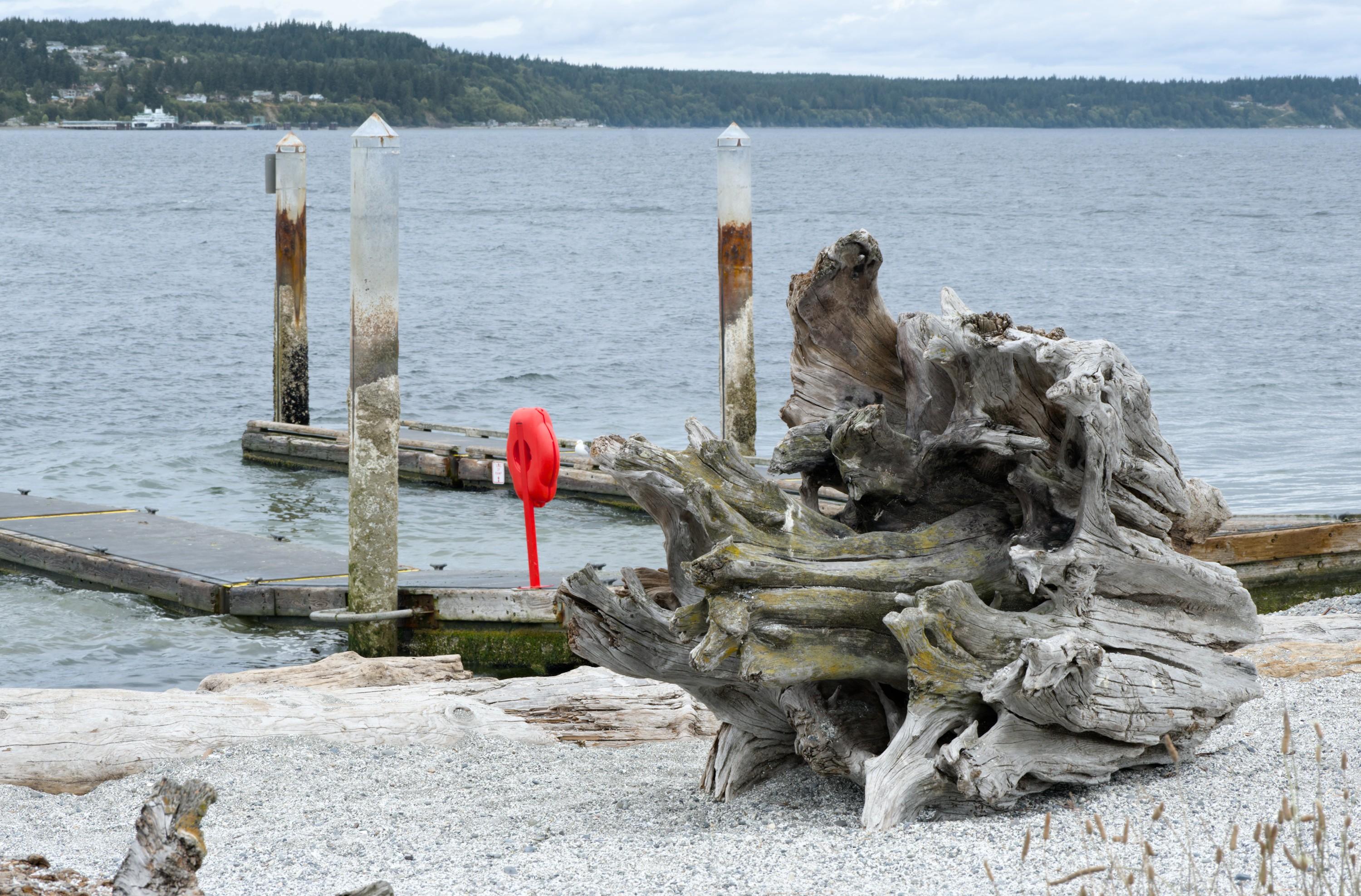 In the background, a small two-pronged pier on a gravel beach of a lake. One side of the pier has a bright orange 8-sided box placed vertically on a stand. The foreground is dominated by a washed out piece of driftwood, is taller than an average human.