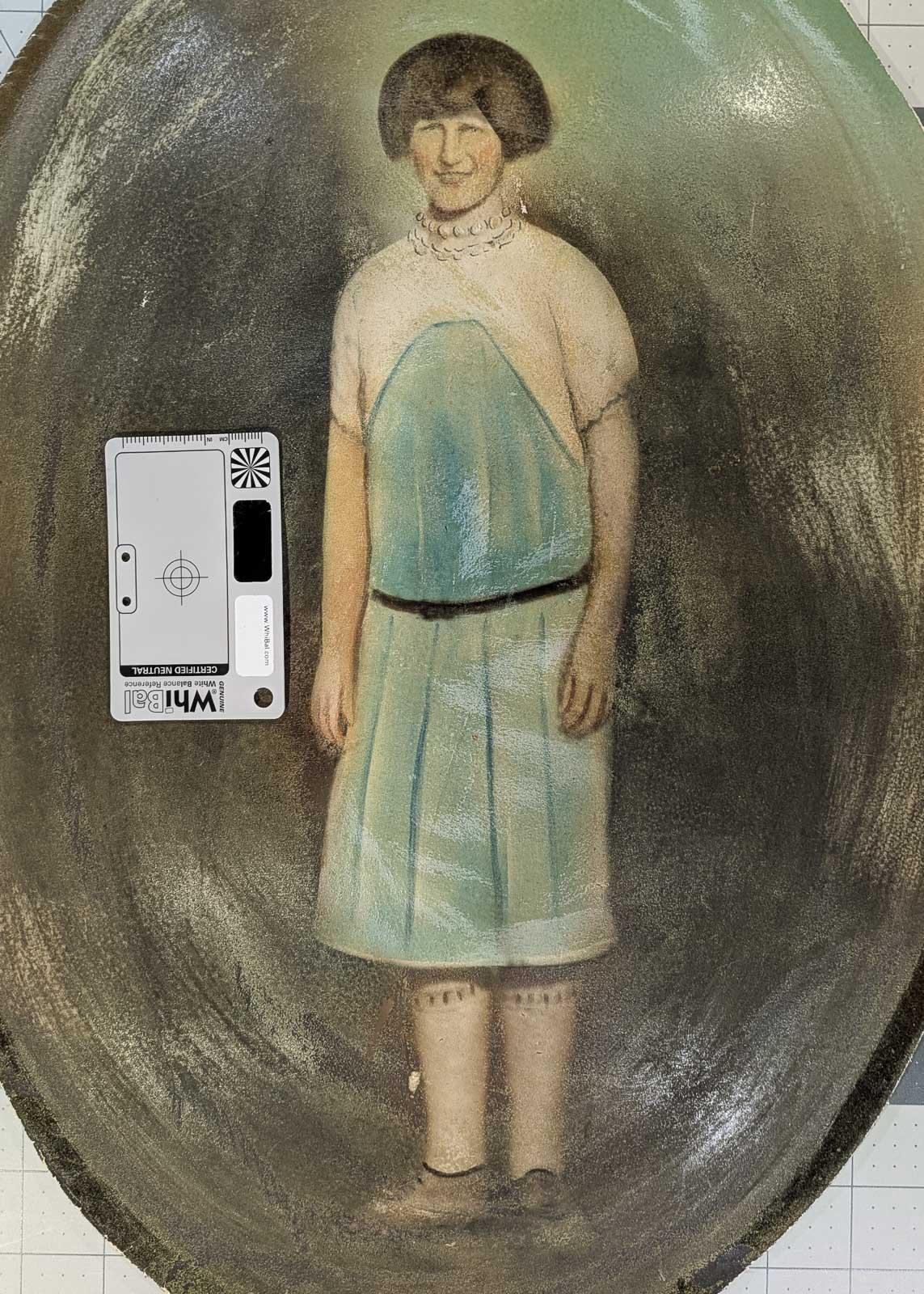A poorly rendered Crayon Portrait of a standing woman in a blue and white dress with a bob haircut and interesting stockings