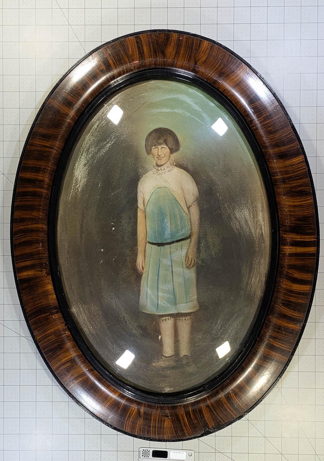 A poorly rendered Crayon Portrait of a standing woman in a blue and white dress with a bob haircut and interesting stockings in a antique bubble glass frame