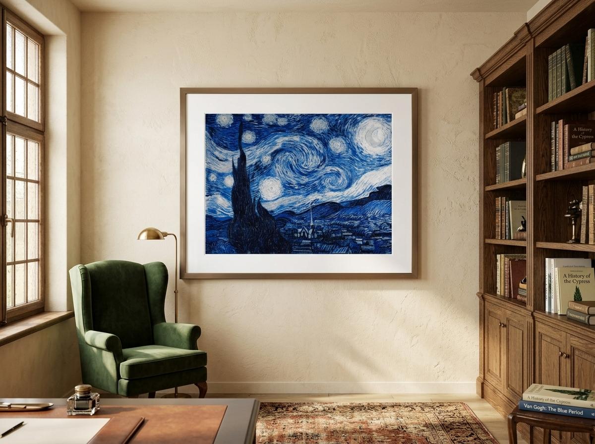 Starry Night by Van Gogh colored in blue hues and enhanced - framed print on the wall in a room