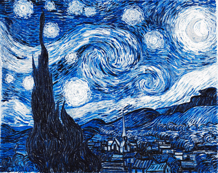 Starry Night by Van Gogh colored in blue hues and enhanced
