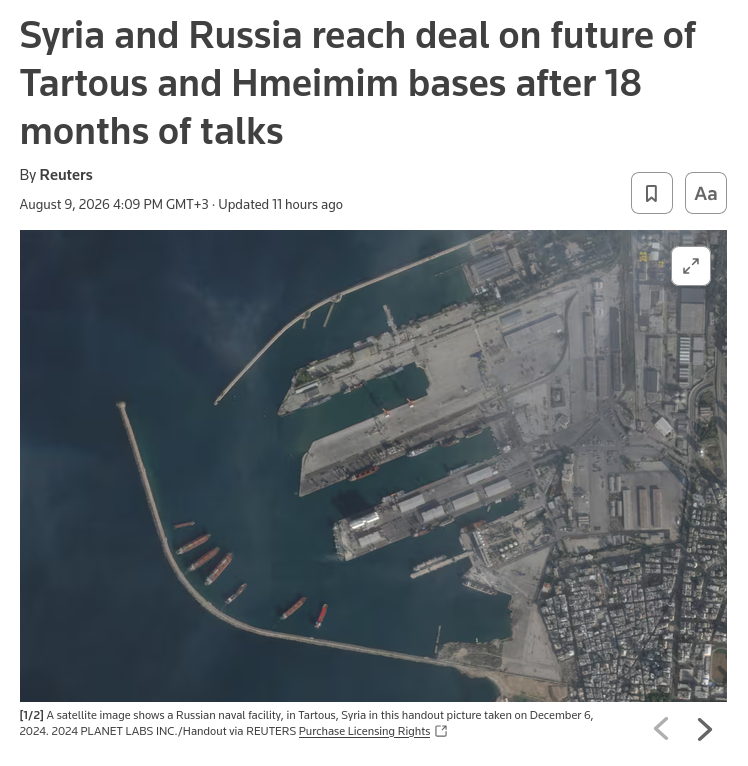 Syria and Russia signed an agreement regarding the status of Russian bases at Tartous and Hmeimim. Syria will manage civilian facilities like Hmeimim airport, while military sites become joint training centers within three months. #Russia #Syria
