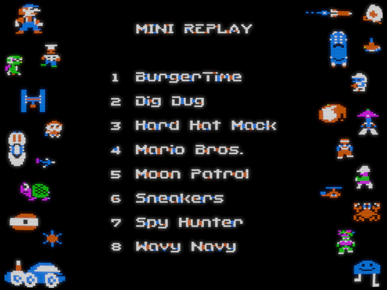 Apple II screenshot of Mini Replay with various game sprites along left and right sides and a numbered menu down the middle, with options 1-BurgerTime, 2-Dig Dug, 3-Hard Hat Mack, 4-Mario Bros., 5-Moon Patrol, 6-Sneakers, 7-Spy Hunter, 8-Wavy Navy