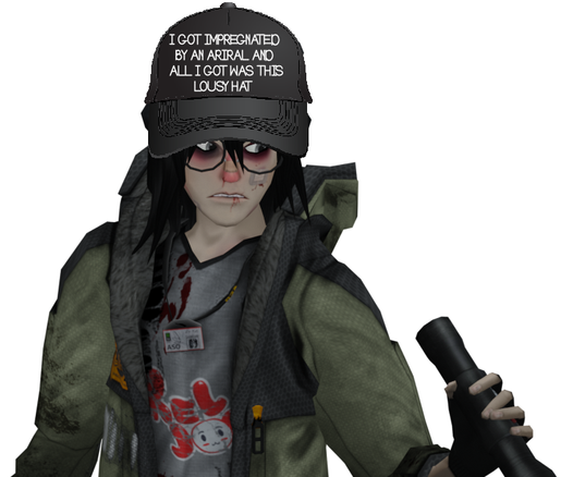 A picture of Dr. Kel. He is wearing a black baseball cap in place of his normal beanie. The cap has white lettering on it that reads, in a cheesy font, "I GOT IMPREGNATED BY AN ARIRAL AND ALL I GOT WAS THIS LOUSY HAT"