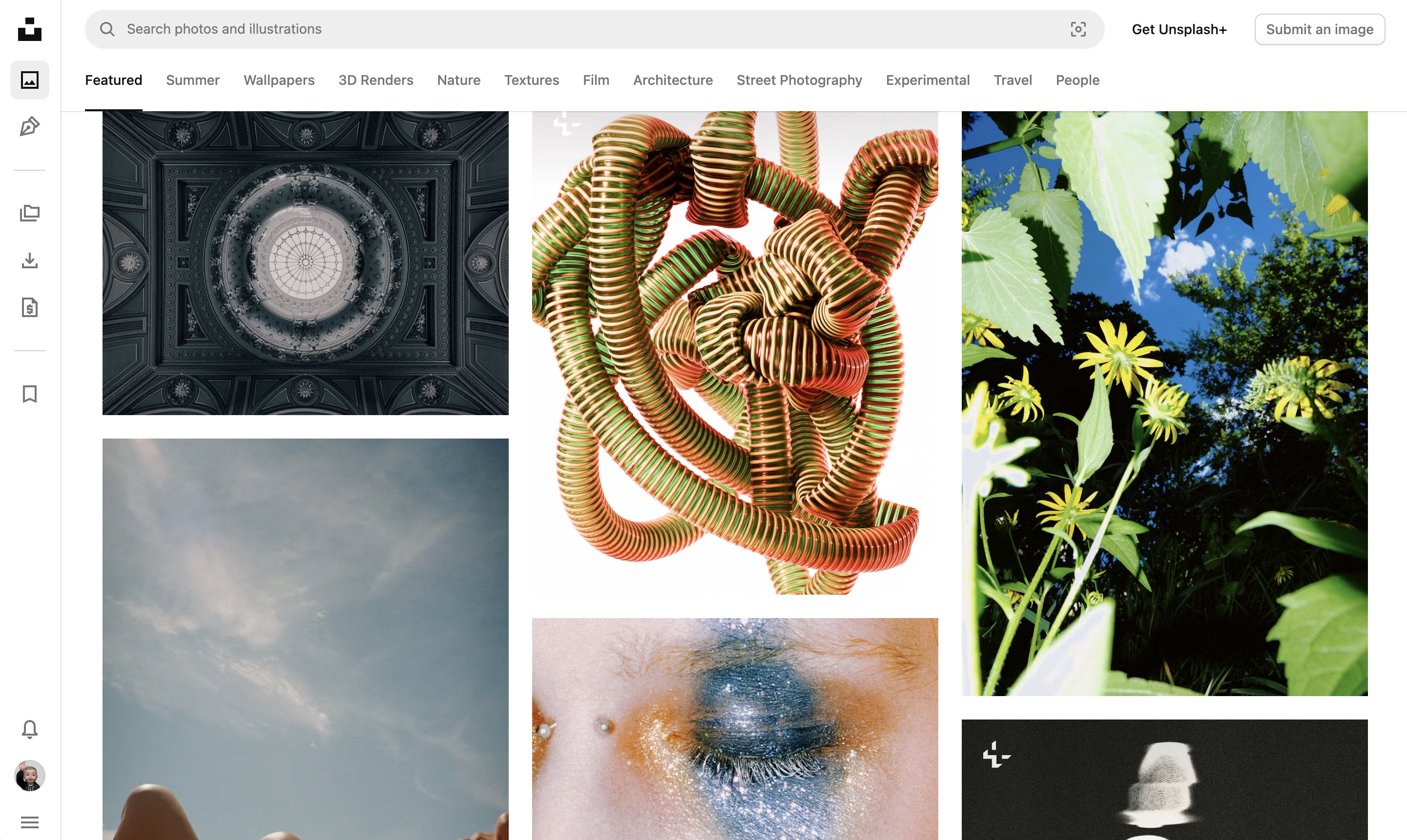 A screenshot of the Unsplash homepage with various featured photos and images.