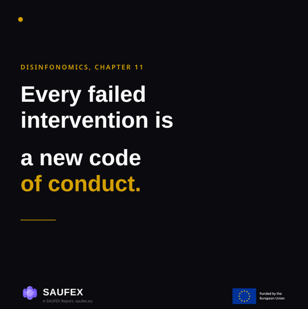 "Every failed intervention is a new code of conduct."Chapter 11 of Disinfonomics: The Market of Lies.The counter-FIMI field has no shortage of frameworks. What it often lacks is alignment — five projects, five vocabularies, five sets of recommendations that never quite meet. This week, an exception.Disinfonomics: The Market of Lies,  #DSA #regulation #EU