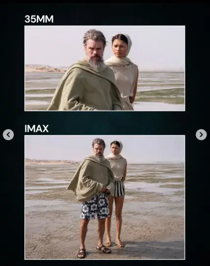 Two frames; the upper is marked 35mm and shows the two stars of The Odyssey head to waist, the lower is marked IMAX and shows the same photo, but now they are in full figure and you can see they are wearing loudly patterned modern shorts and sandals under their period costumes. [photoshop]