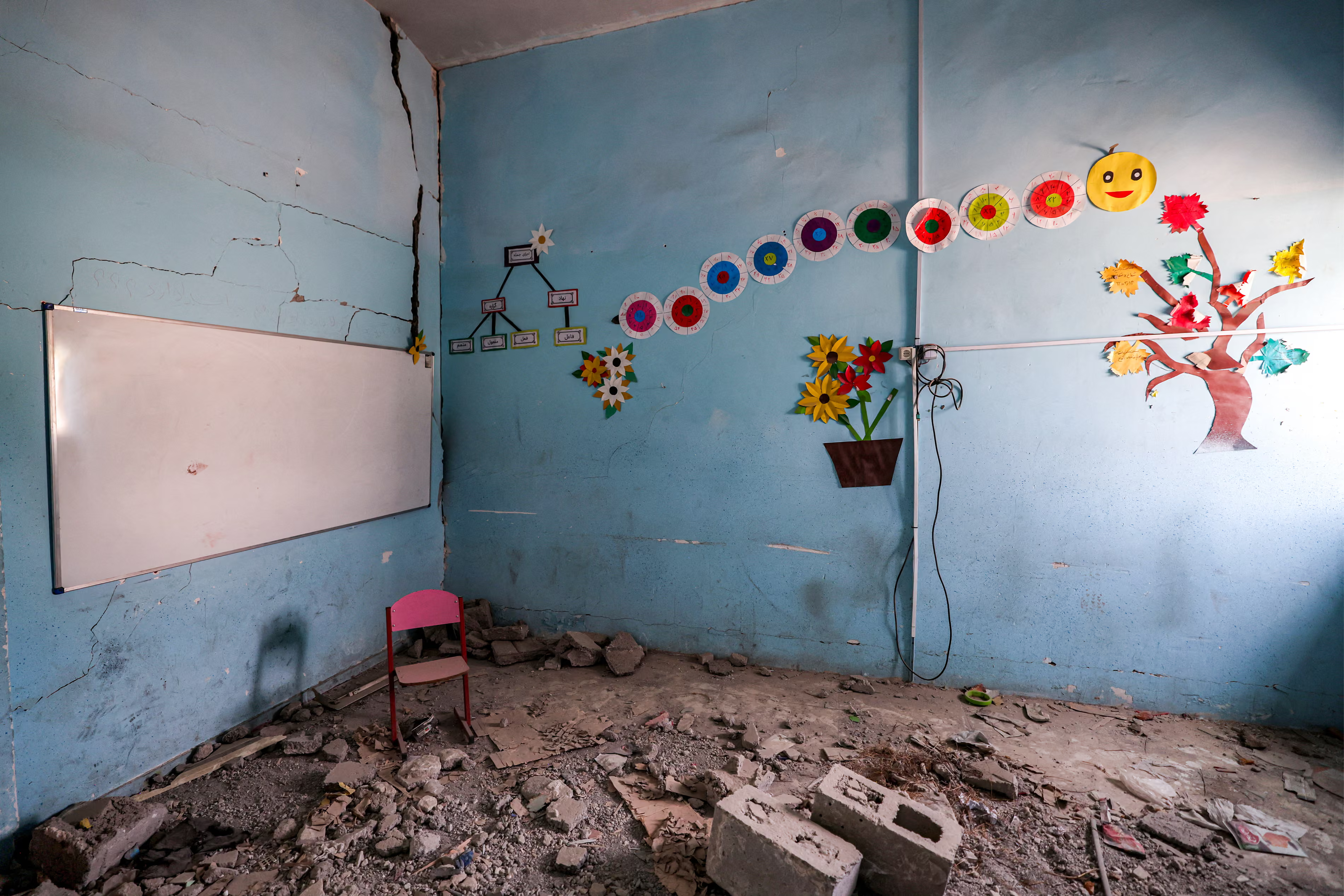 A classroom in a primary school destroyed by bombing.