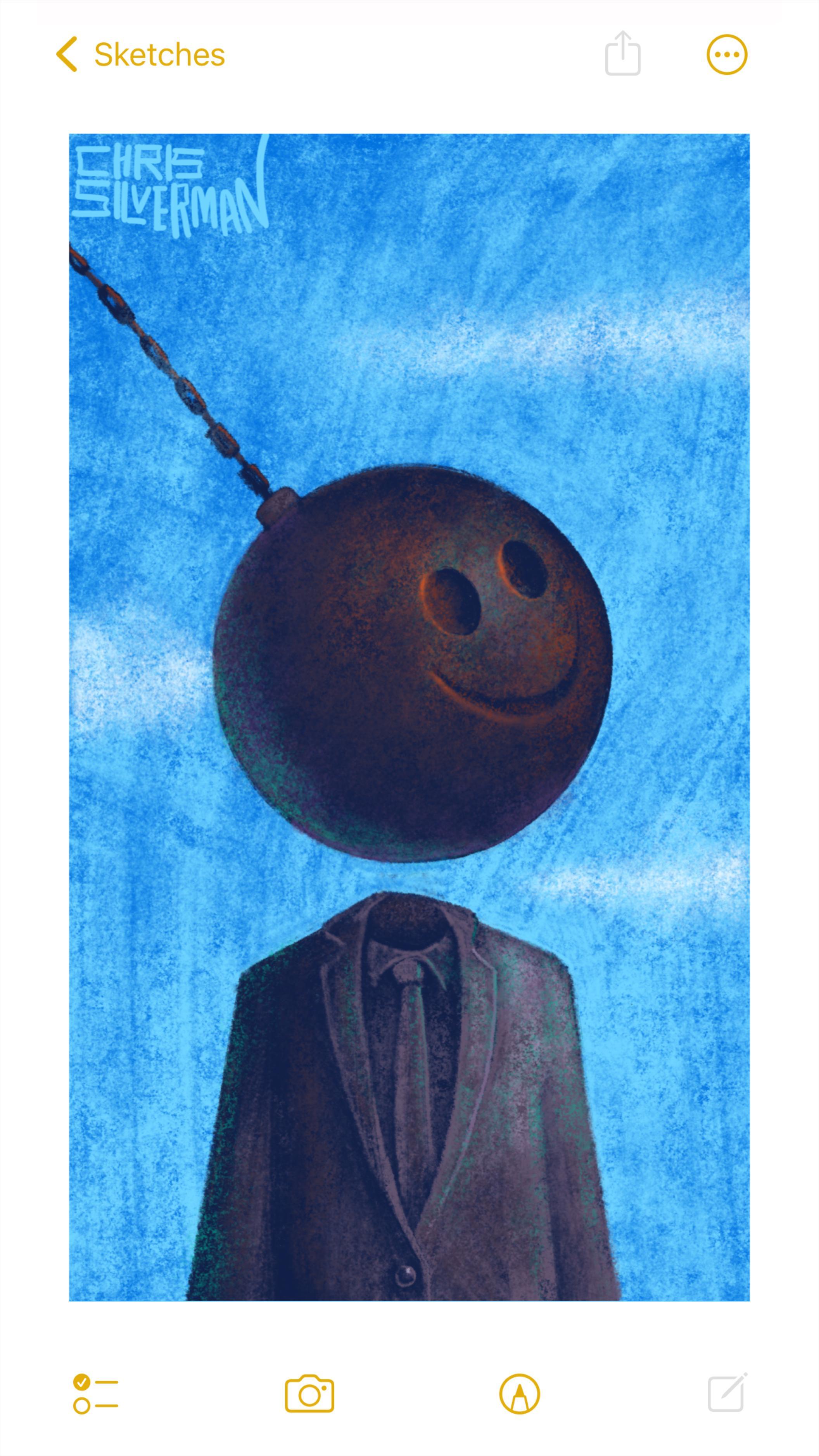 A person wearing a suit and tie stands against a blue sky with wispy white clouds. The person is made of tarnished, green-tinged metal, and is missing a head. Where their head would be is a rusty wrecking ball with a smiley-face embossed on it. The wrecking ball has temporarily swung into position, and is mid-swing. The painting is signed "Chris Silverman".