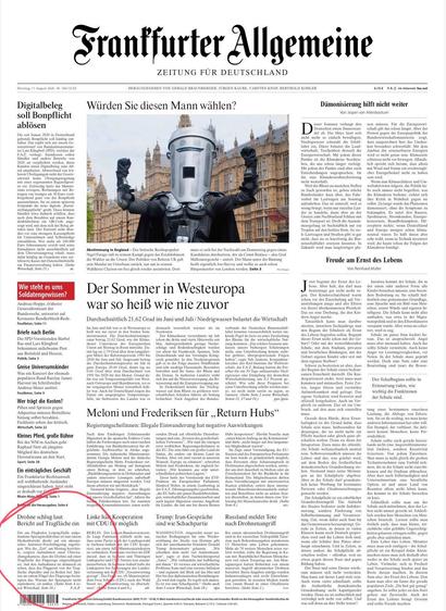 Frontpage German newspaper with a small message about the drone attack on a transport plane.