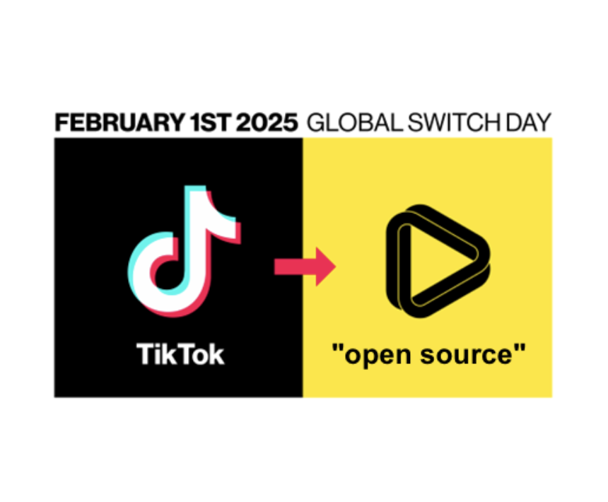 A meme that says Feb 1st 2025 Global Switch Day with the tiktok logo below on the left side and the Loops logo on the right side with quotations around "open source"