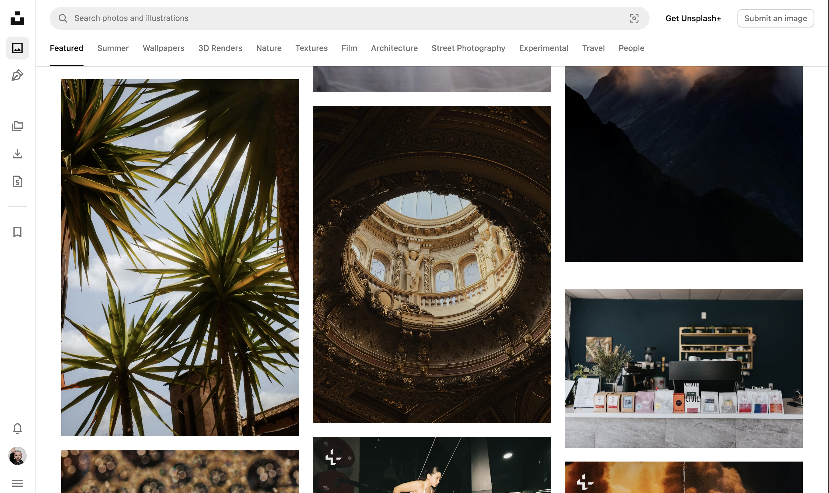 A screenshot of the Unsplash homepage showing a selection of featured photos.