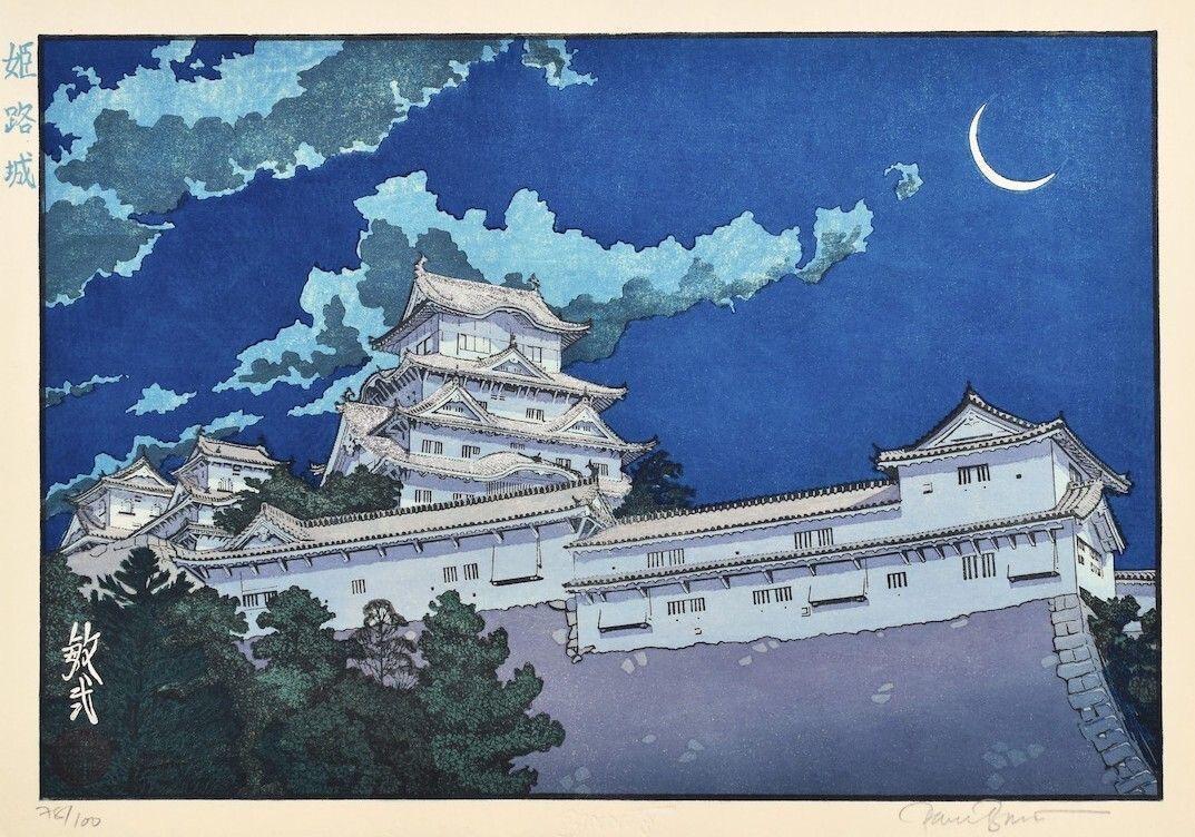 A traditional Japanese castle illuminated at night under a crescent moon and dark clouds in the sky.