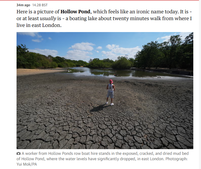 3amago 14.28 BST
Here is a picture of Hollow Pond, which feels like an ironic name today. It is -
or at least usually is - a boating lake about twenty minutes walk from where I
live in east London.
"A worker from Hollow Ponds row boat hire stands in the exposed, cracked, and dried mud bed
of Hollow Pond, where the water levels have significantly dropped, in east London."

 Photograph:
Yui Mok/PA