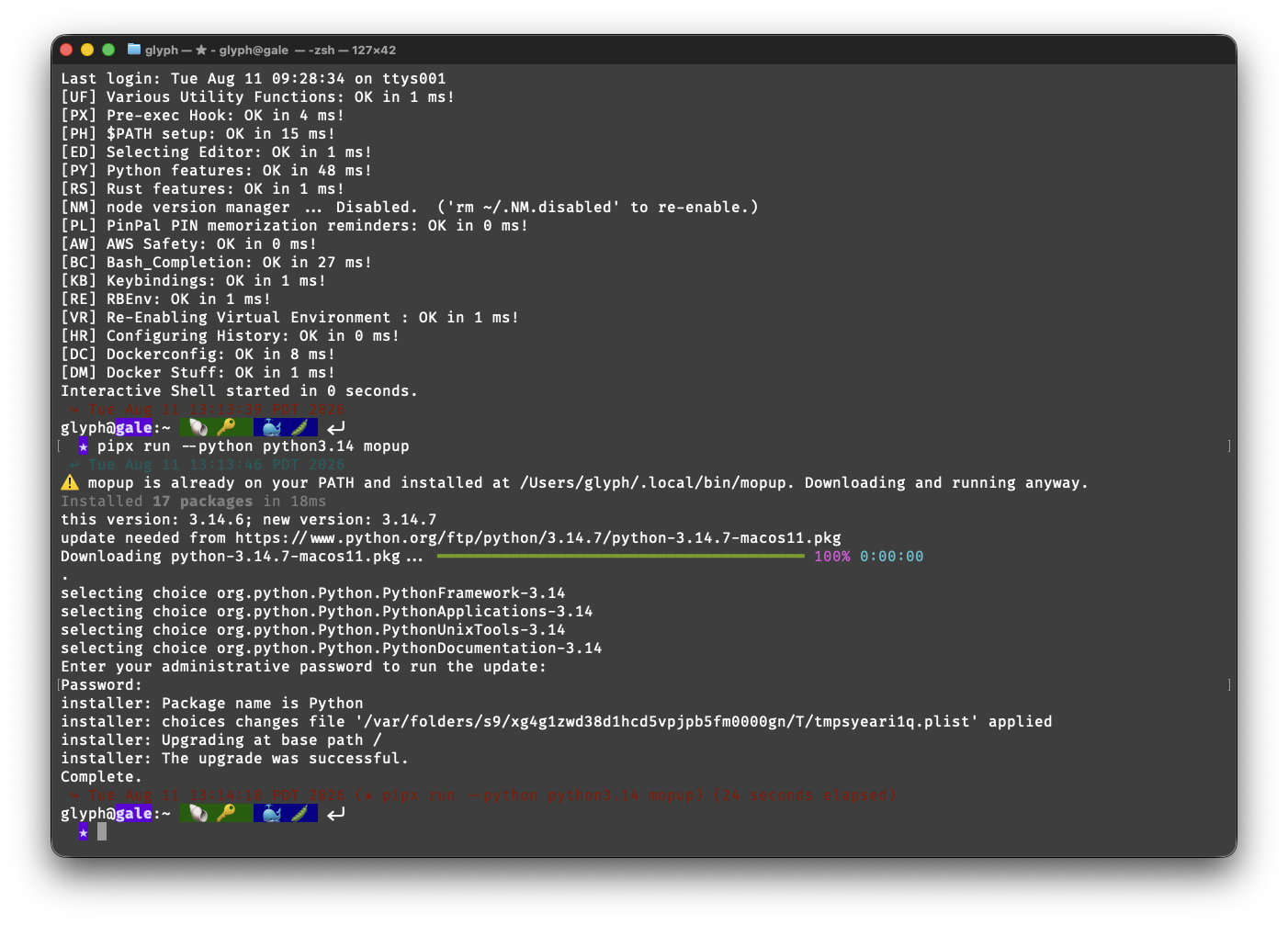 a terminal running pipx run --python python3.14 mopup and upgrading from 3.14.6 to 3.14.7