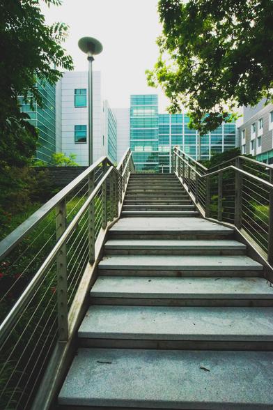 Concrete stairway with metal railings ascends to glass and steel facade