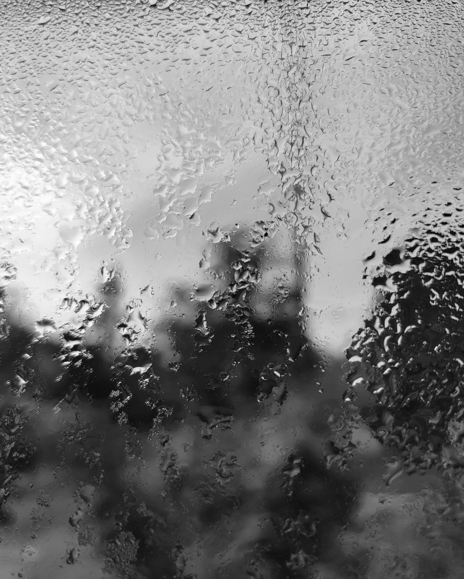 B&W photo of the view through rain covered glass, with blurred tree silhouettes and a hazy landscape creating amorphous shapes.