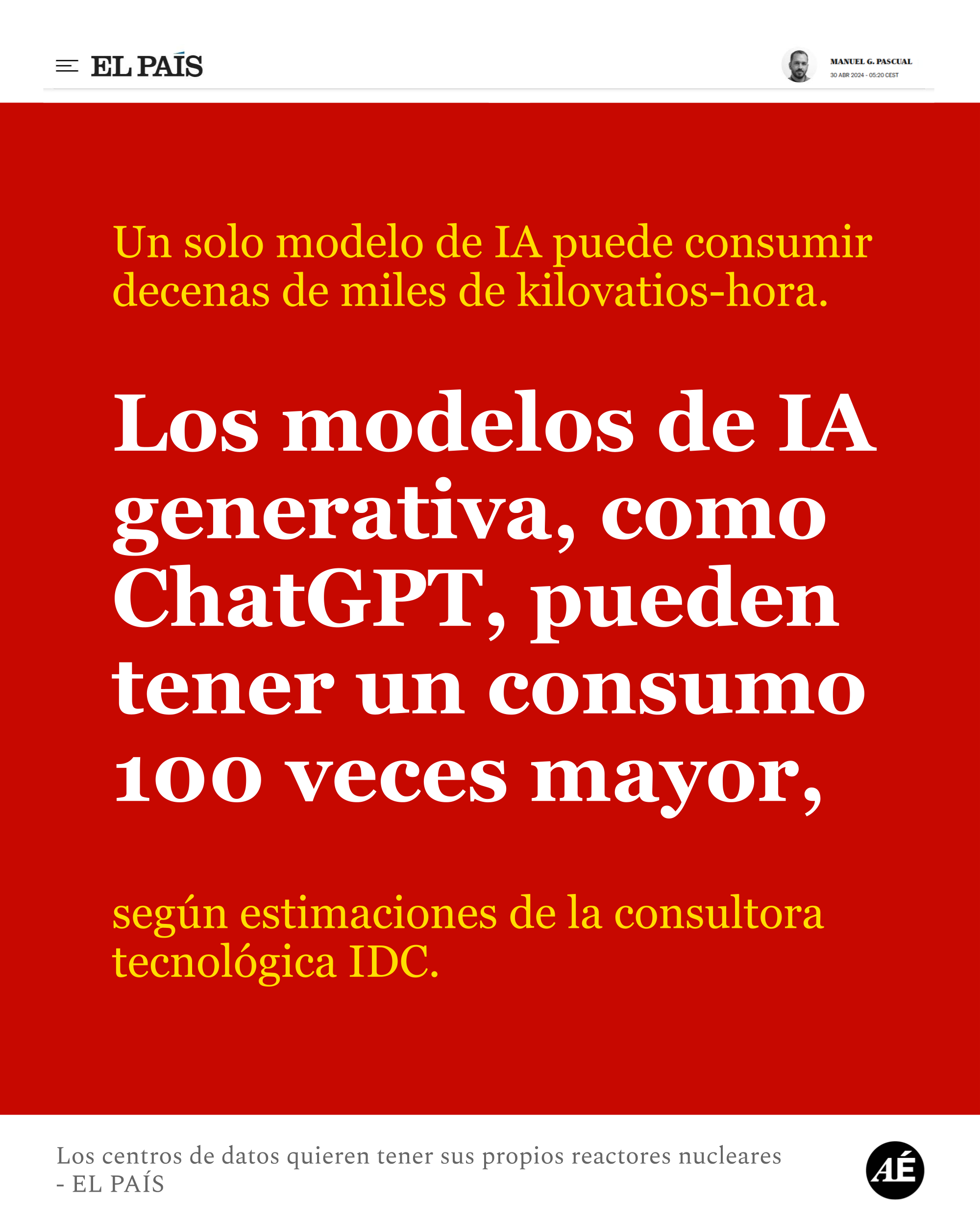 Un solo modelo de IA puede consumir decenas de miles de kilovatios-hora. 

Los modelos de IA generativa, como ChatGPT, pueden tener un consumo 100 veces mayor,

según estimaciones de la consultora tecnológica IDC.

https://www.instagram.com/p/DRLx6wgjkhA/?img_index=5