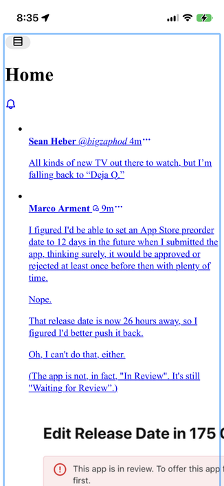 Mobile screenshot of a text-heavy “Home” feed with blue underlined posts, including a section about App Store release-date editing and review status.