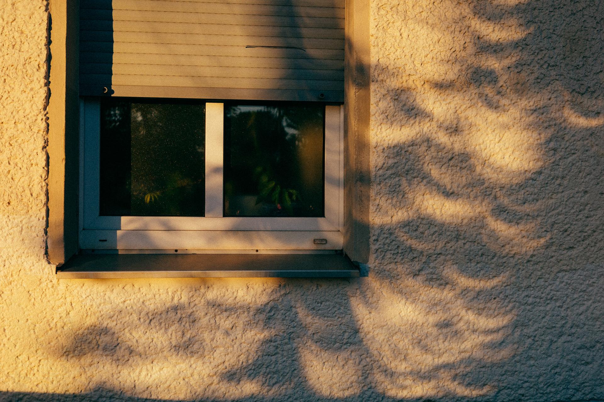 Sombras de árboles con forma de luna proyectadas sobre la fachada de una casa.
Moon-shaped shadows of trees cast onto the façade of a house.