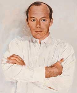 Self portrait by the artist. He is wearing a white button down shirt, arms crossed and hands tucked under. His hairline is receding and he is standing against a white background. 