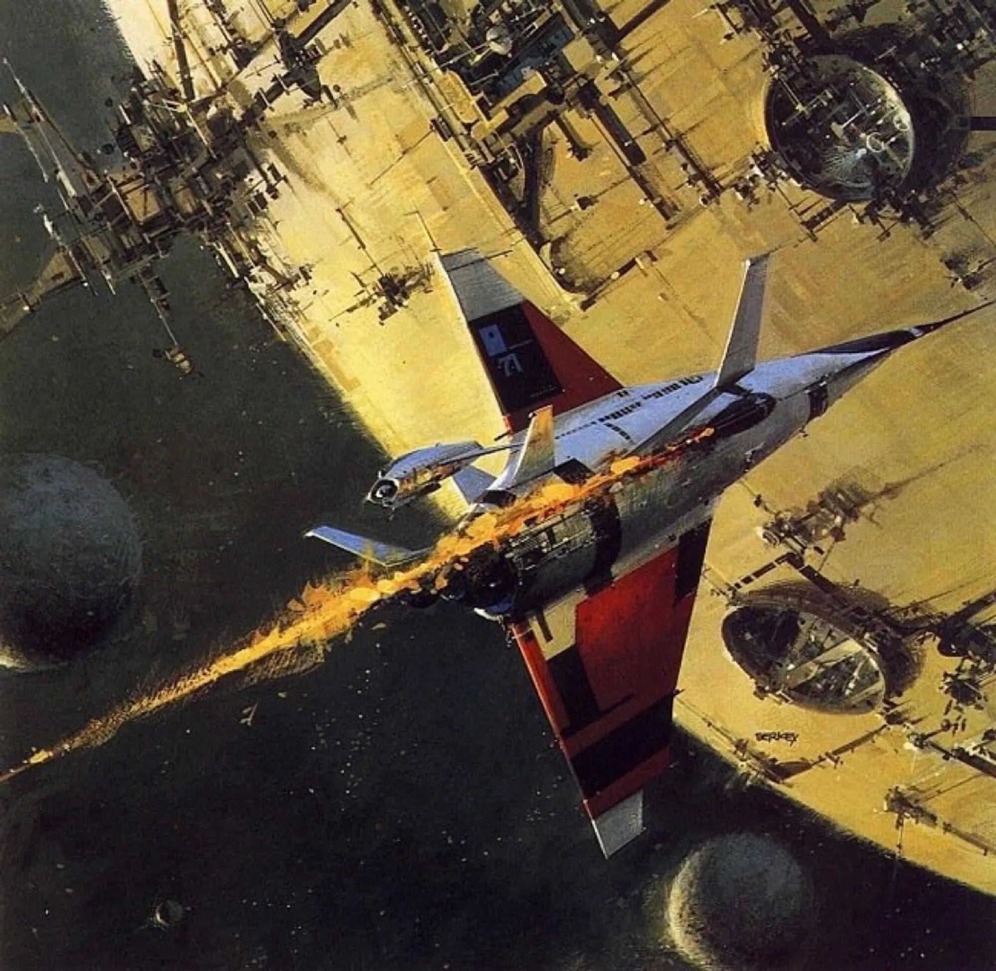 In John Berkey’s painting “The Mechanical Planet” a white and red spaceship, trailing fire, seems to hurtle towards a large, spherical, metallic space station. It is covered in antennas, ports, and gantries. Two moons or planets hang in space behind it. 