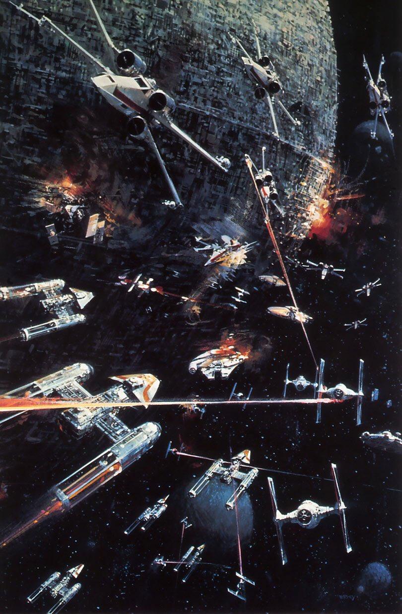 Promotional artwork for Star Wars showing a battle between rebel fighters (X-wings and Y-wings) and Imperial Tie Fighters. The Death Star looms in the background. 