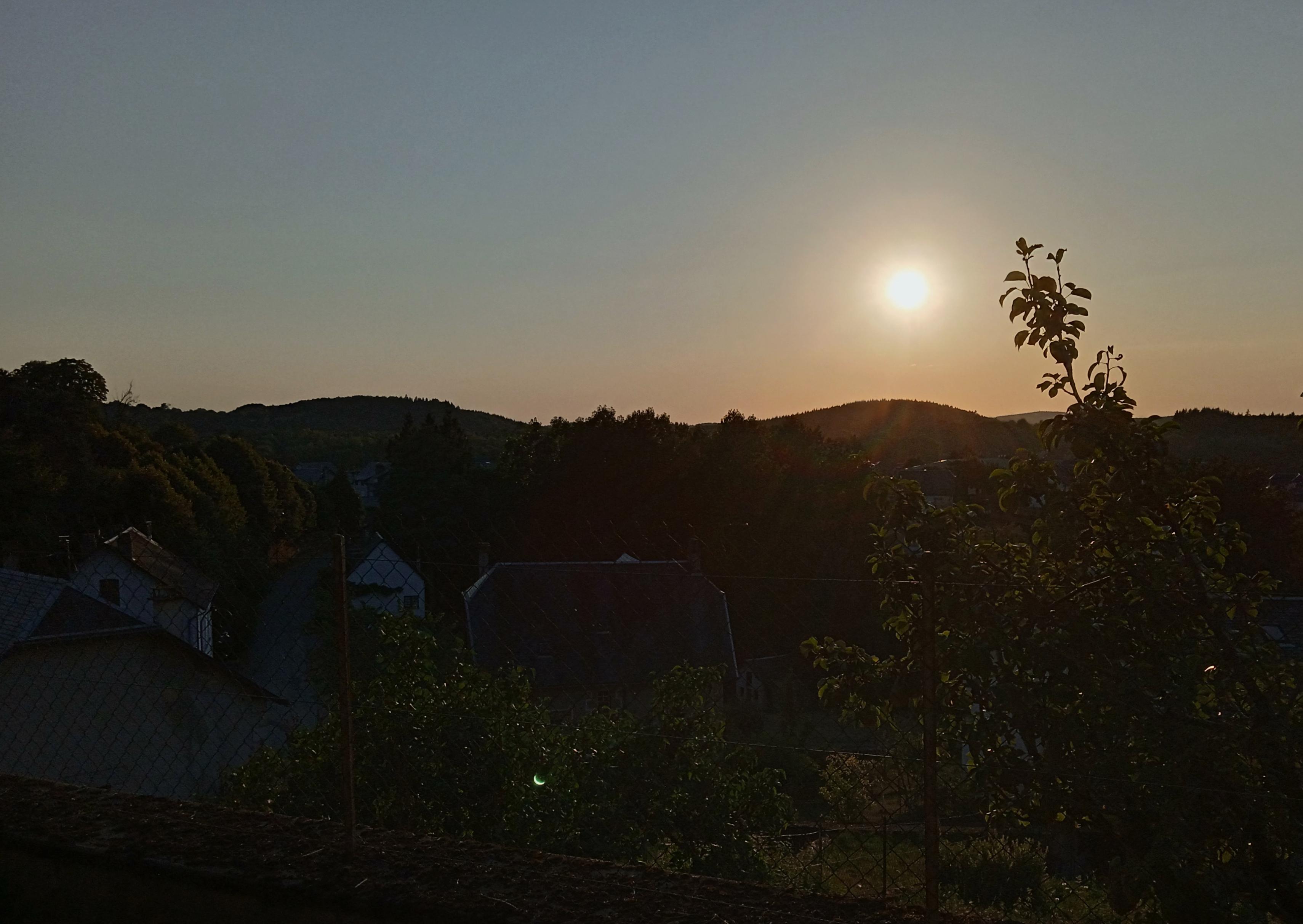 Near 95% eclipse of the sun - a tiny white crescent hovers over the darkened trees, artefact from my camera lens. The sky is dull blue orange, the lighting harsh - very eerie and unlike proper dusk.