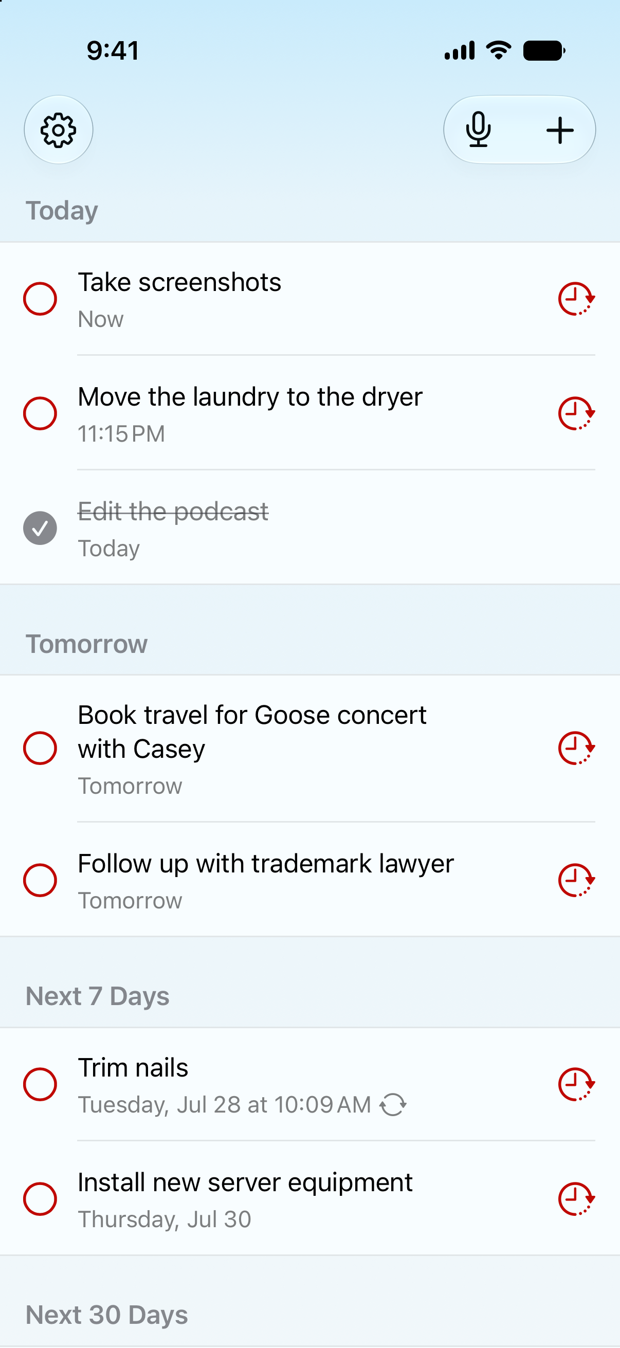 Screenshot of Unforgetful’s task-list view.