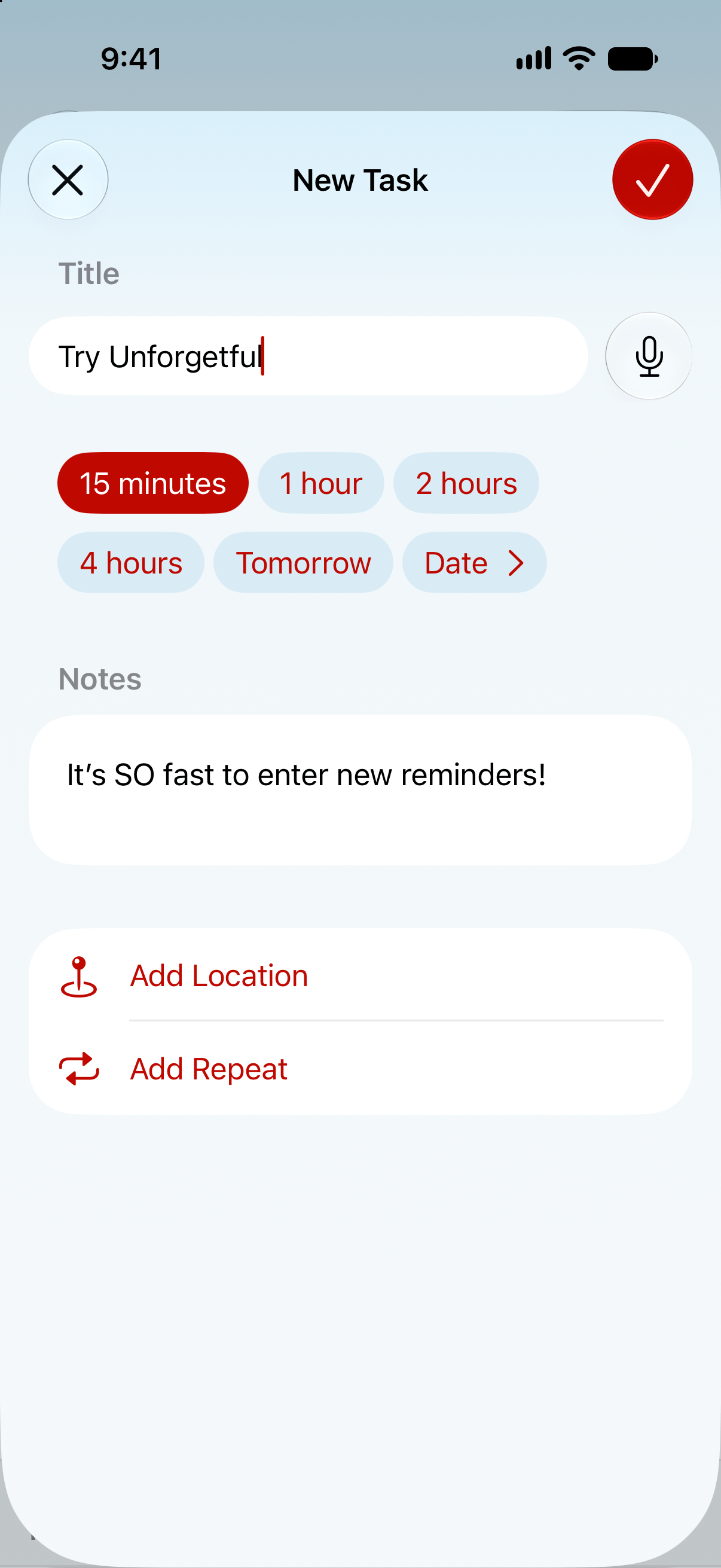Screenshot of Unforgetful’s task-editing view.