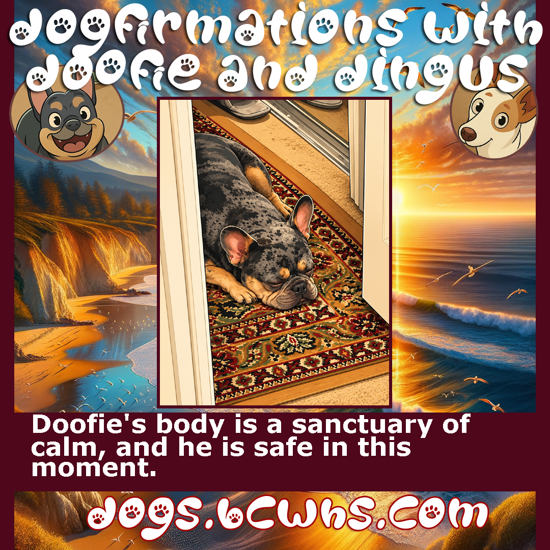 Dogfirmations with Doofie and Dingus: Sanctuary
 
Doofie's body is a sanctuary of calm, and he is safe in this moment.