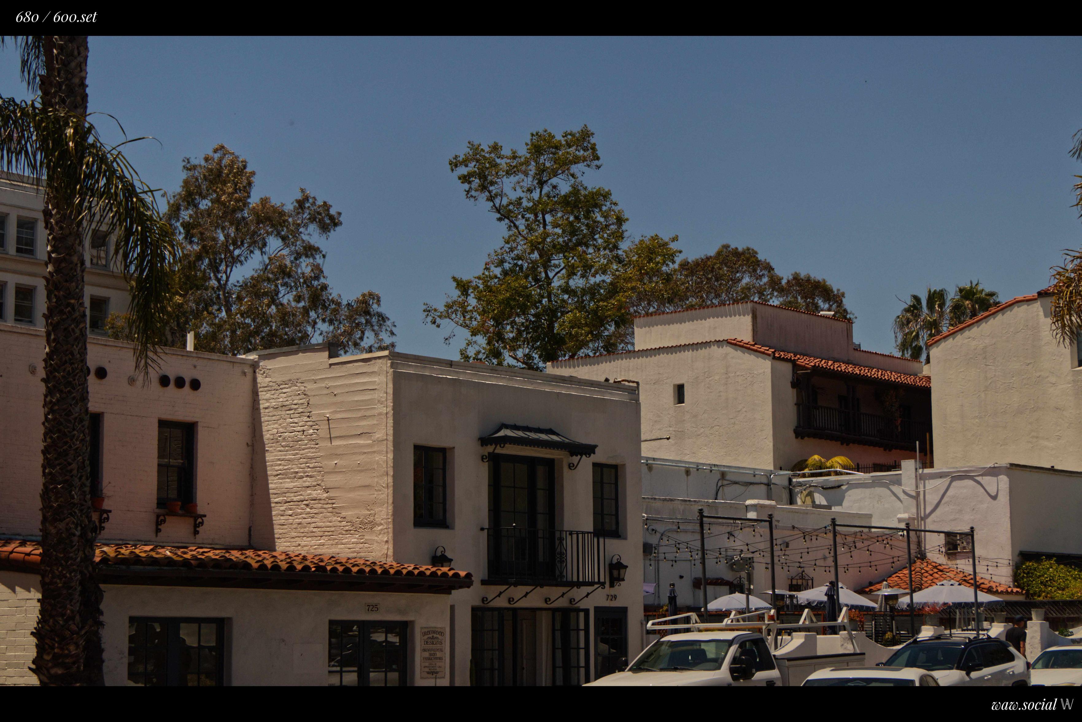 A warm color photo of buildings in the city and county seat of Santa Barbara, California.