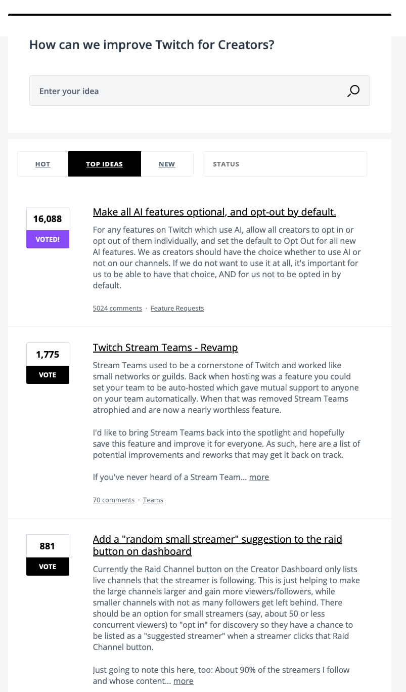 A screenshot of a Twitch UserVoice thread sorted in descending order of popularity, where the top 3 ideas are: 16,088 votes: Make all AI features optional, and opt-out by default. 1,775 votes: Twitch Stream Teams - Revamp 881 votes: Add a "random small streamer" suggestion to the raid button on dashboard