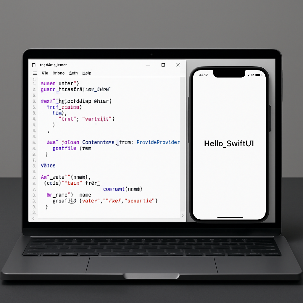 An extremely obviously AI-generated image of a Macbook Pro displaying a window of an iPhone simulator that just says "Hello_SwiftUI" on its screen, and a text editor with Windows-style window decorations filled with absolutely hideous LLM-artifacted pseudotext that looks kind of like Swift code