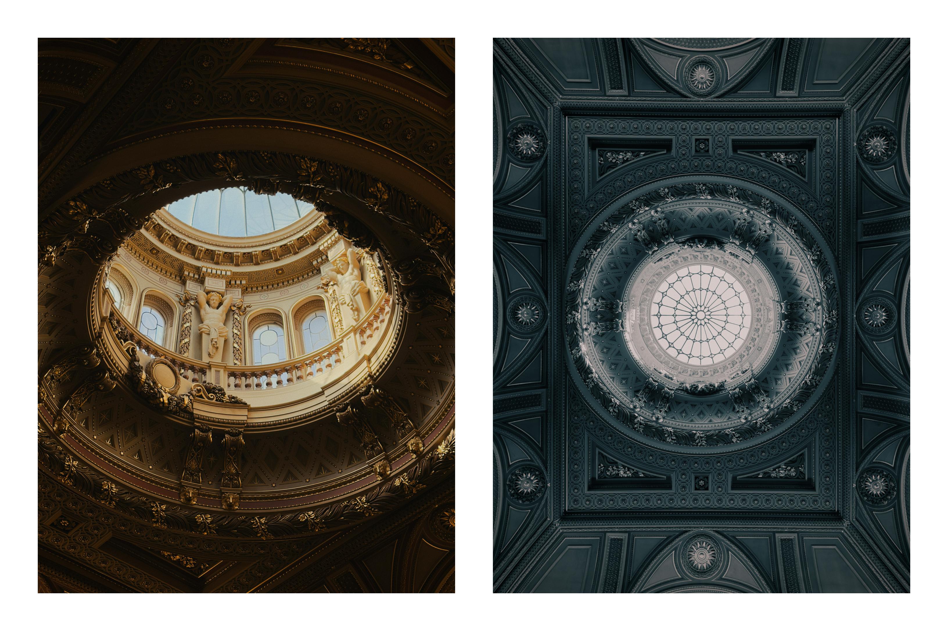 Two example photos of ornate architectural ceilings demonstrating the iPhone photography settings.