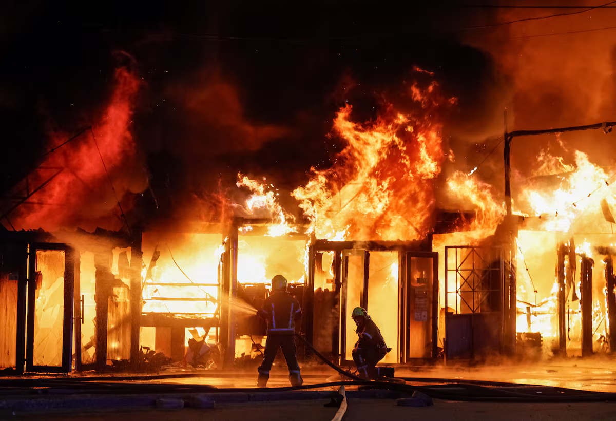 They burn books againFirefighters work at a site of a book market hit by a Russian missile strike, amid Russias attack on Ukraine, in Kyiv region, Ukraine August 16, 2026. REUTERS/Gleb Garanich #photography #Ukraine #firefighters #books