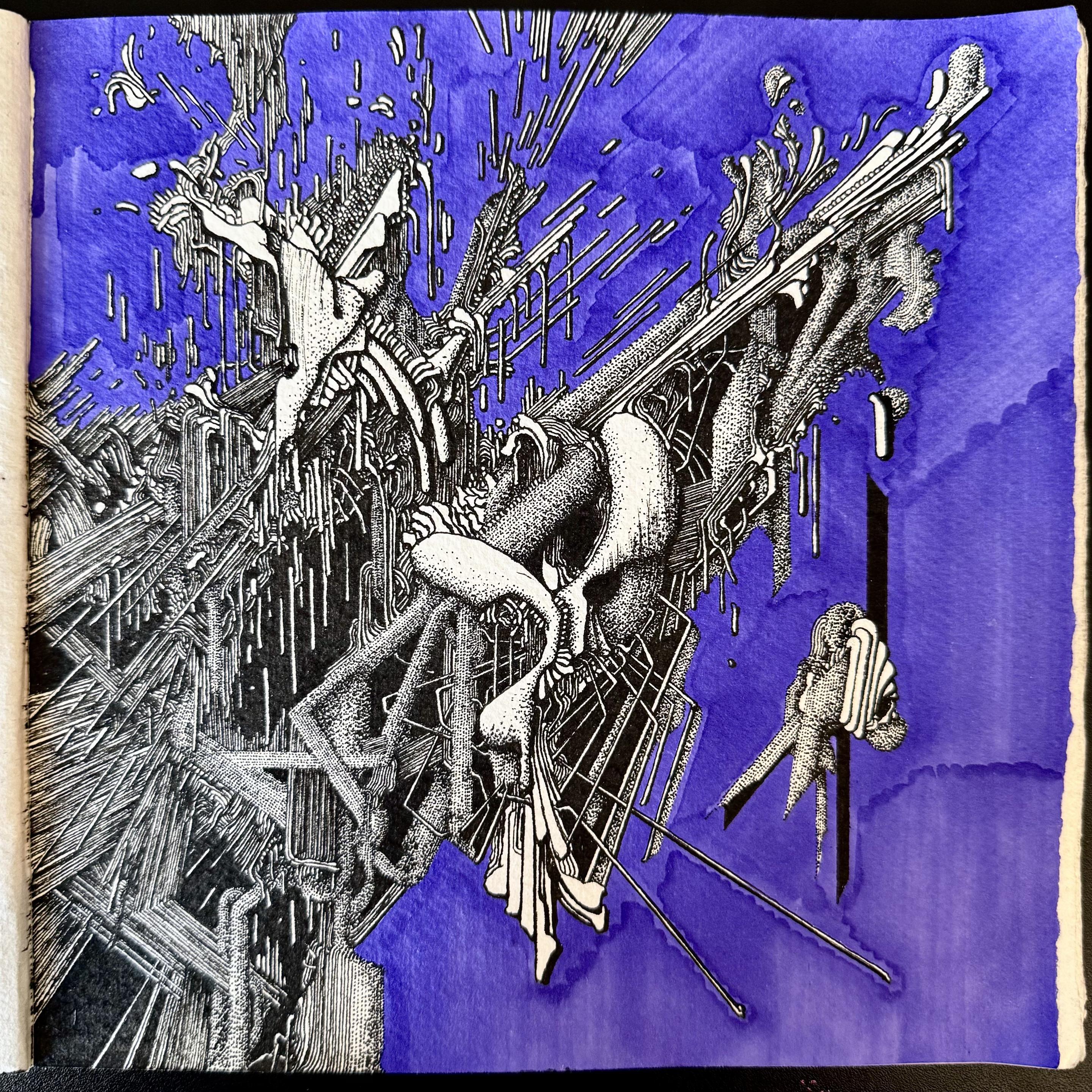 An abstract illustration on paper. A black and white structure juts out from below, reaching for the bright, purple skies. A conglomorate of jagged, angular lines; drippy, organic shapes; and fuzzy, stippled structures.