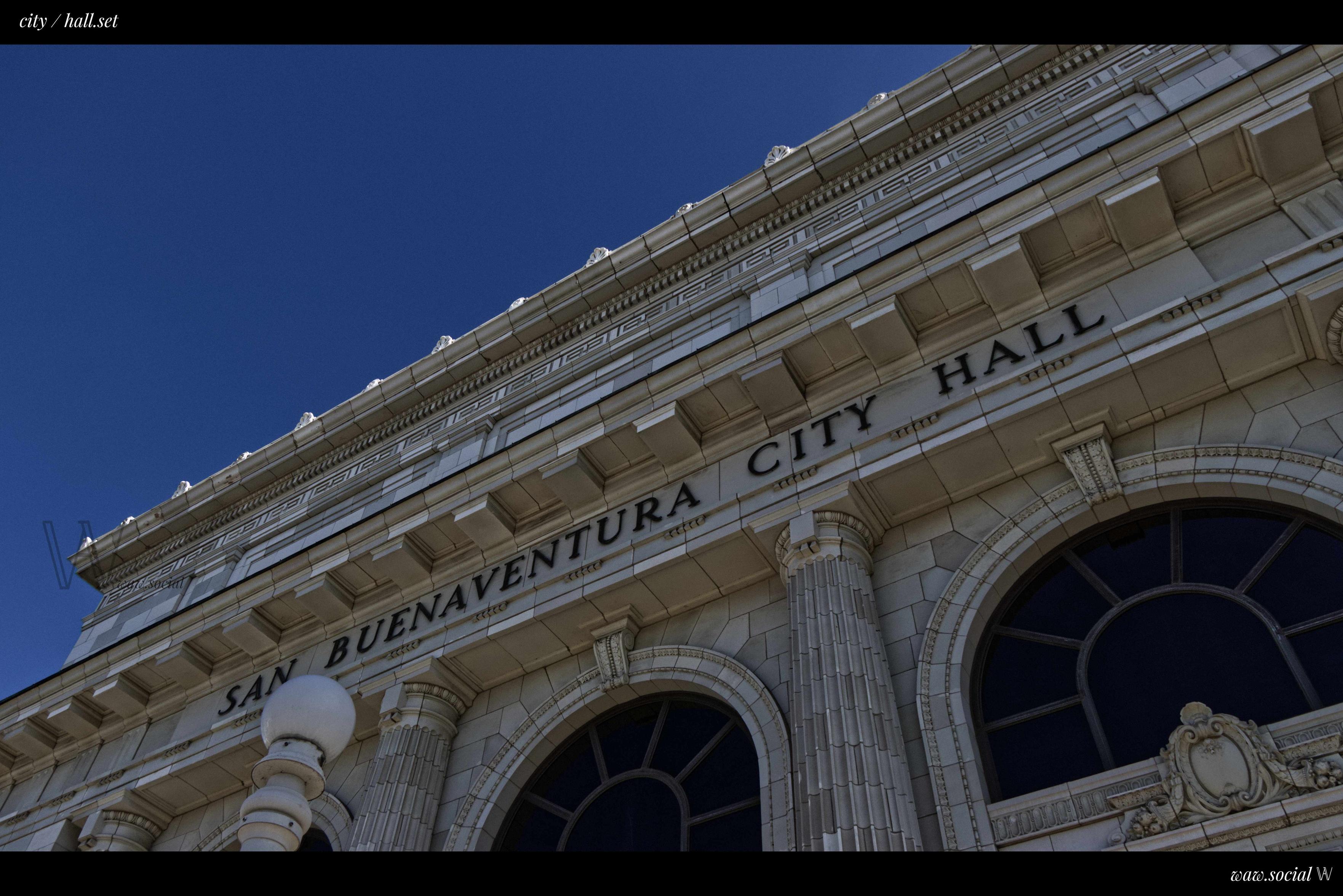 A de-saturated photo of Ventura City Hall in the city and county seat of Ventura, California.