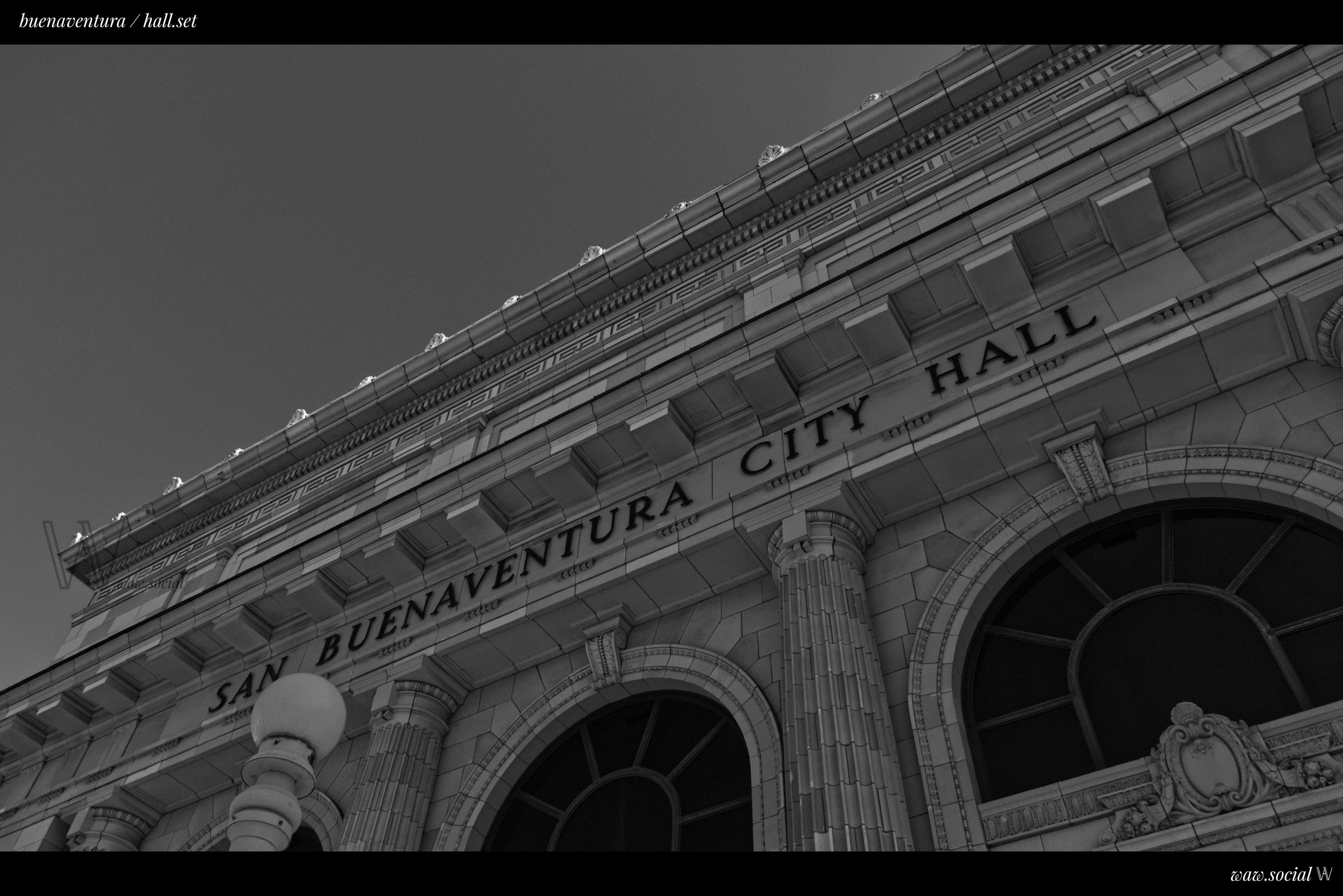 A black and white photo of Ventura City Hall in the city and county seat of Ventura, California.