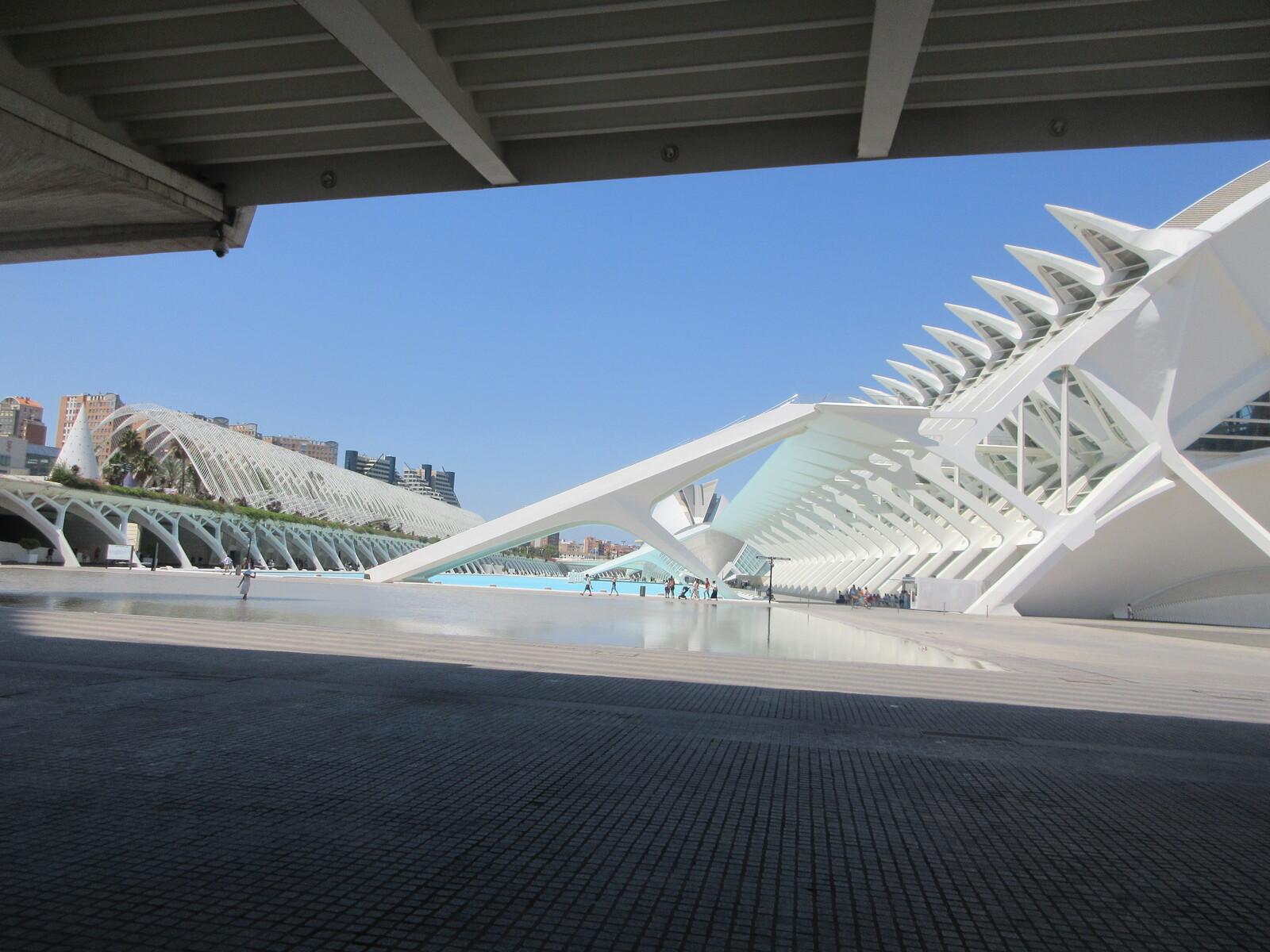 It looks like a futuristic sci-fi city (and has been used as a set for same), but it is not: just buildings constructed with a very naturalistic sensibility, like the skeleton of a whale with curving branching pillars splayed to the sides and a curved open vault over some greenery to the left. Everything is white, set off against a pale blue pool in between the two arcades and the crisp blue sky. Marvelous from every angle.