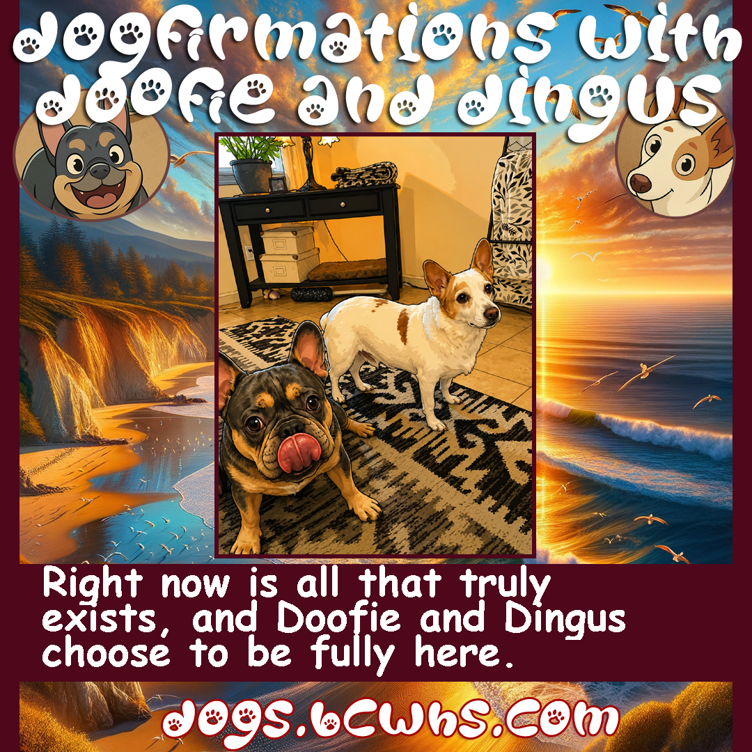Dogfirmations with Doofie and Dingus: Now
 
Right now is all that truly exists, and Doofie and Dingus choose to be fully here.