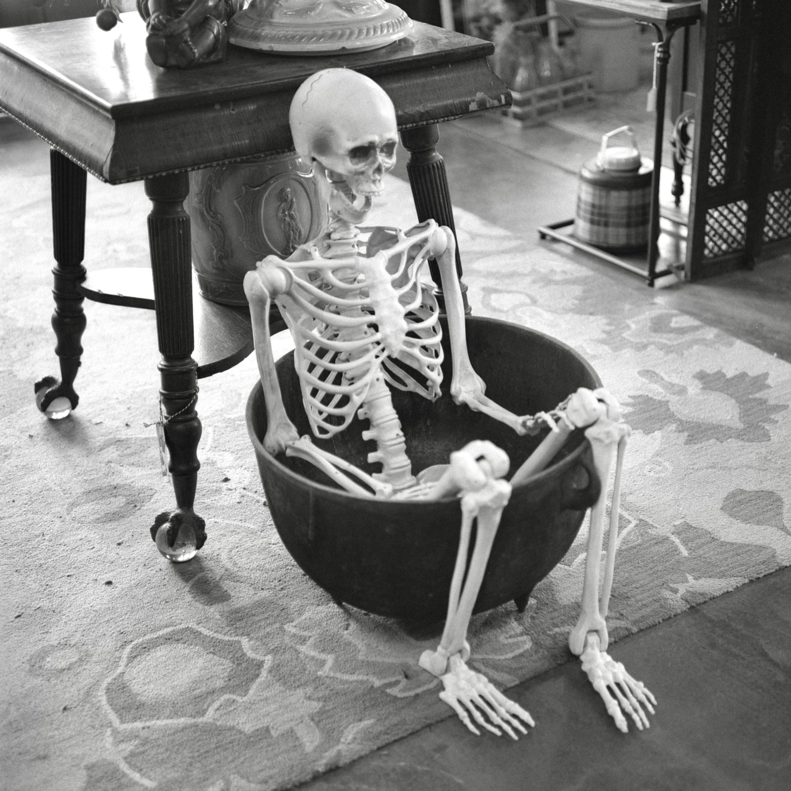 A black-and-white film photo. A plastic skeleton is seen relaxing at an antique store in Taylor, Texas. Saturday, August 8, 2026.