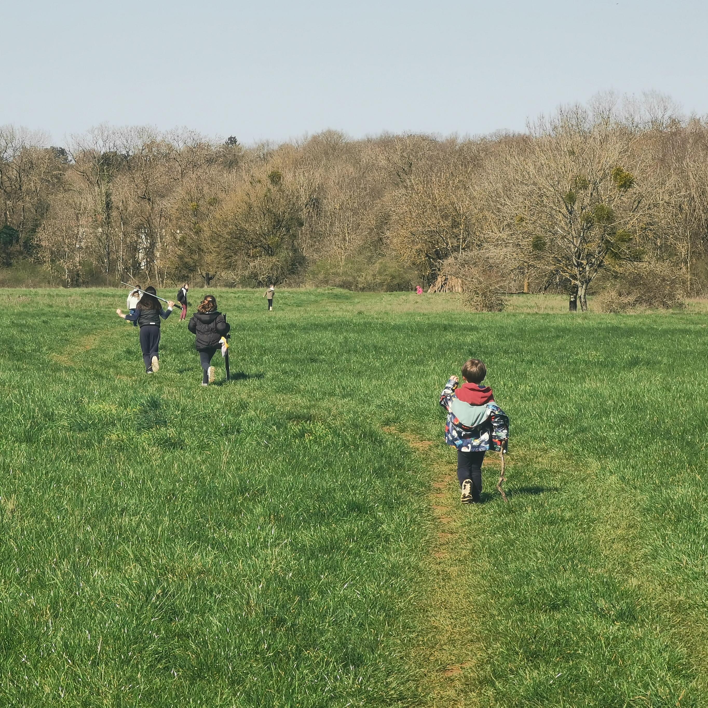 Des enfants courent dans une prairie avec à l'horizon l'orée d'une forêt.