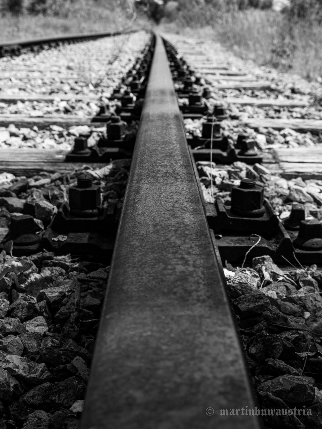 Black and white close-up photograph of a railway track, shot along the rail's axis. Sleepers, ballast, and bolt heads sharply in focus in the foreground, with the view leading into blurred vegetation on the horizon.