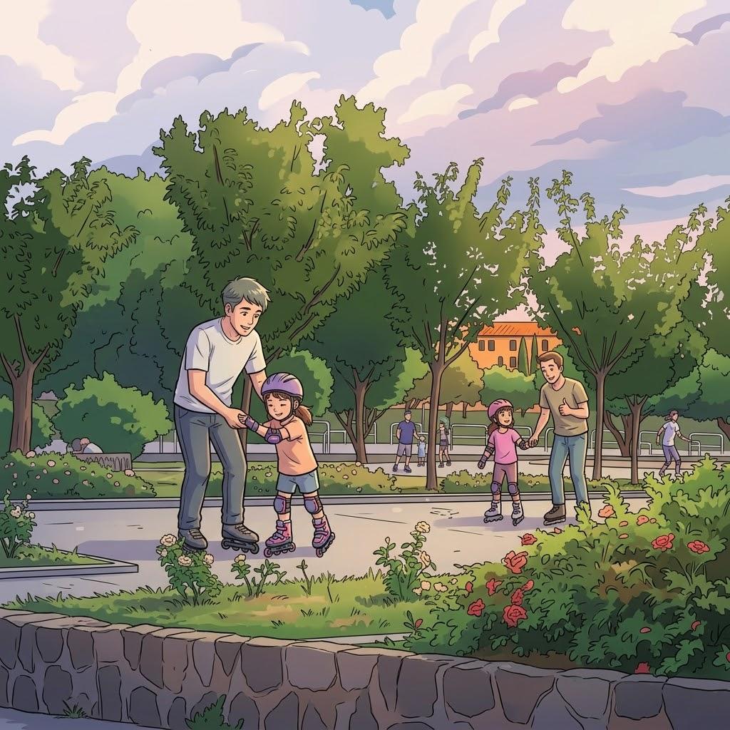 Papà che insegnano ai figli a pattinare (disegnato da Gemini)