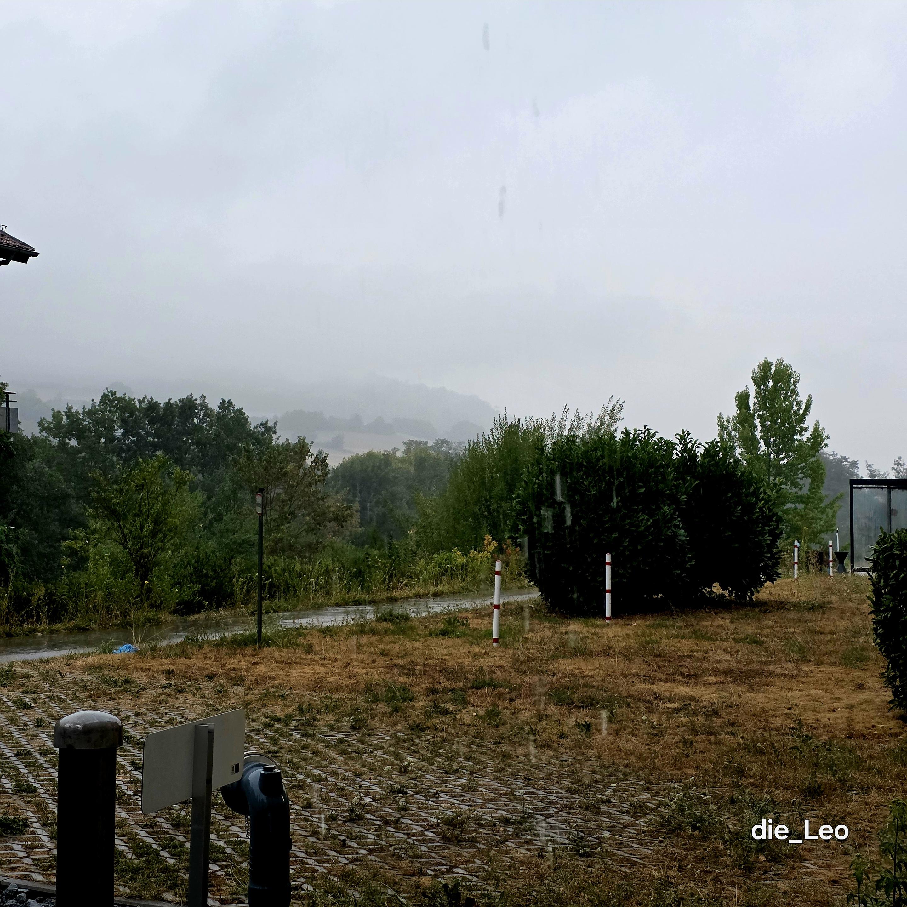 Blick von Klinikgelände in verregnete Landschaft