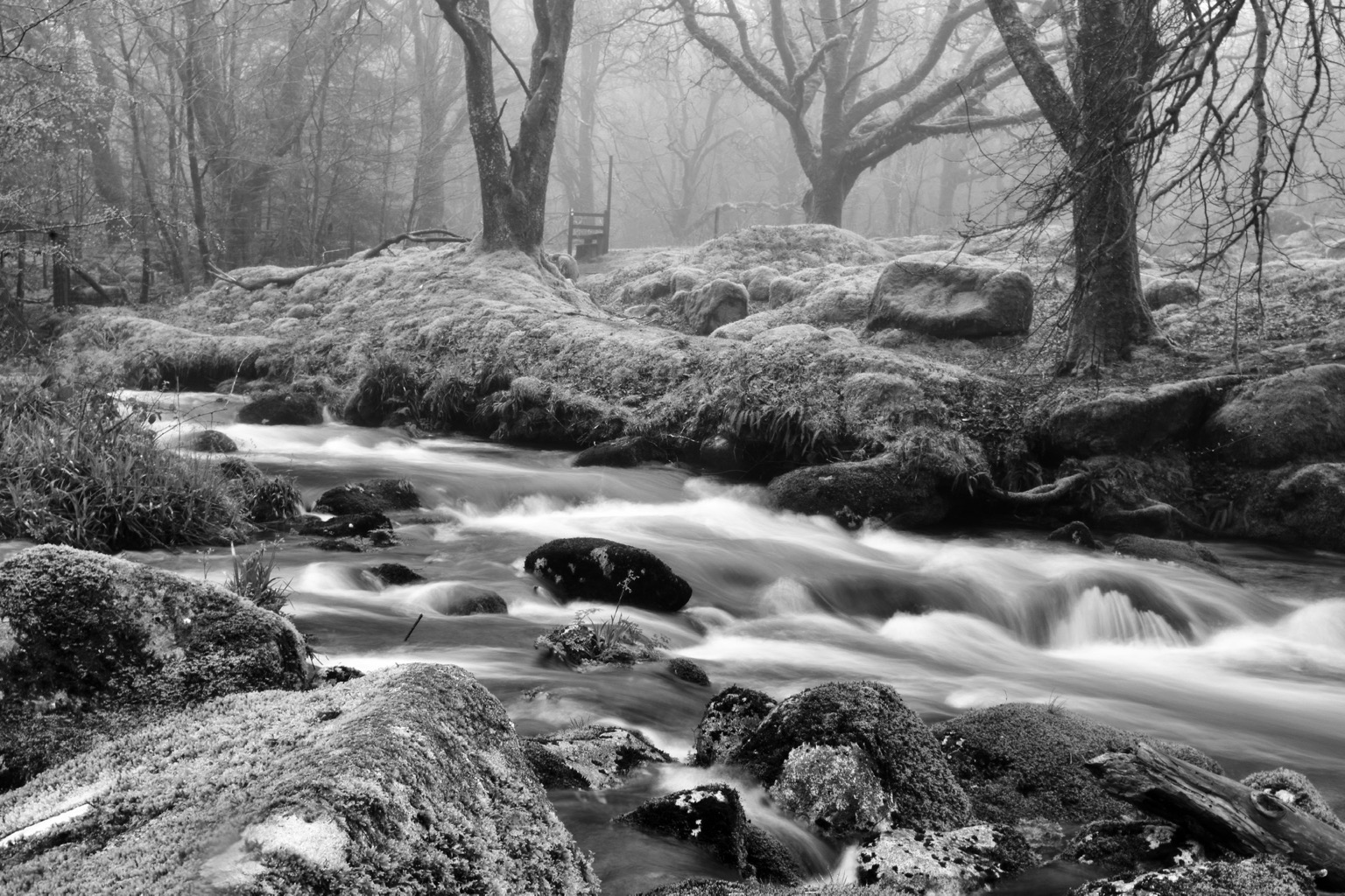 A black and white photograph of  a river and trees with a slow shutter speed.