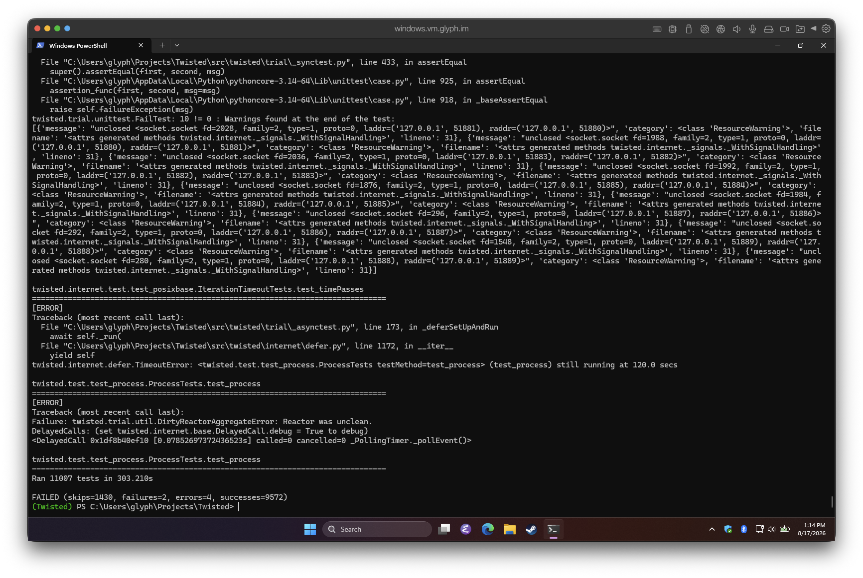 A screenshot of a Windows VM showing a maximized PowerShell terminal running the Twisted test suite, with a result of: Ran 11007 tests in 303.210s FAILED (skips=1430, failures=2, errors=4, successes=9572)