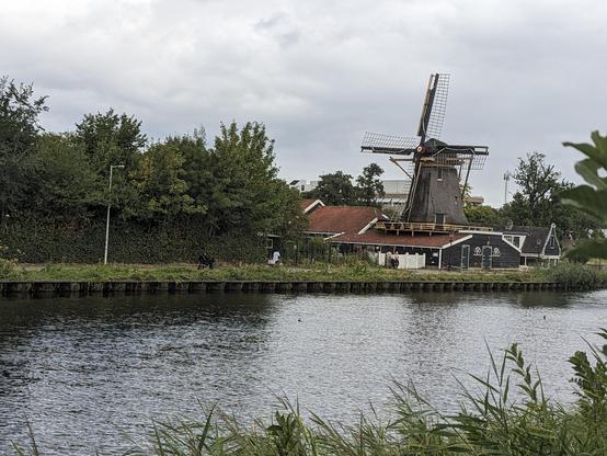 An old-style windmill stands among houses and trees on the far side of a canal