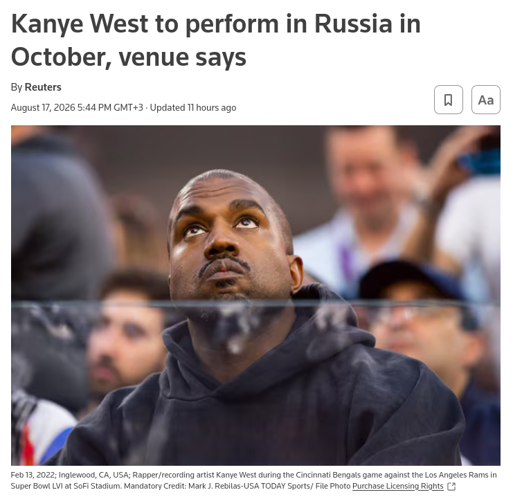 U.S. rapper Kanye West will perform in St Petersburg in October, according to ​a post on Monday by the Telegram ‌channel of Gazprom Arena, the stadium where the concerts are scheduled to take place. #Russia #US